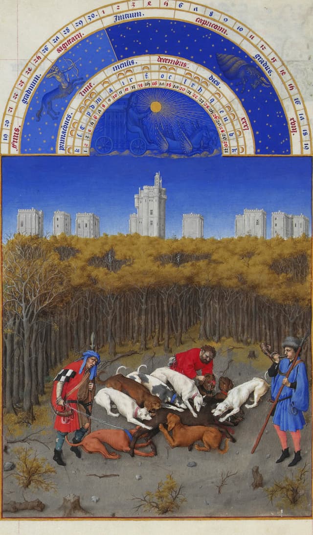 December — The Boar Hunt at Vincennes, The Limbourg Brothers (Herman, Paul & Jean de Limbourg); later folios completed by Jean Colombe