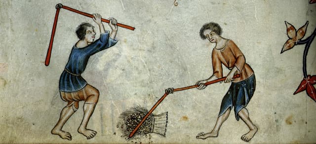 Threshing at Harvest — The Luttrell Psalter, Unknown East Anglian illuminator, commissioned by Sir Geoffrey Luttrell
